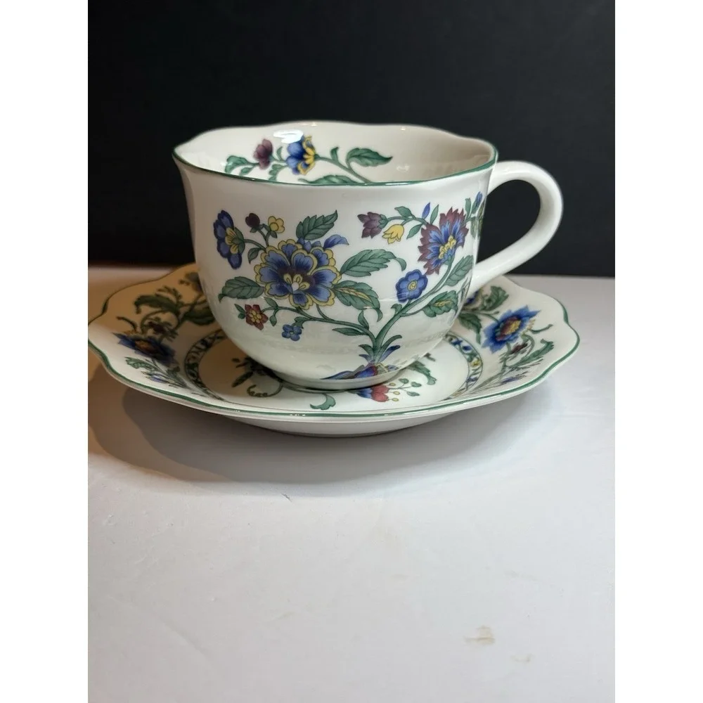 Nikko Oriental Garden Tea Cup & Saucer Set Floral White Blue #9875 Made in Japan